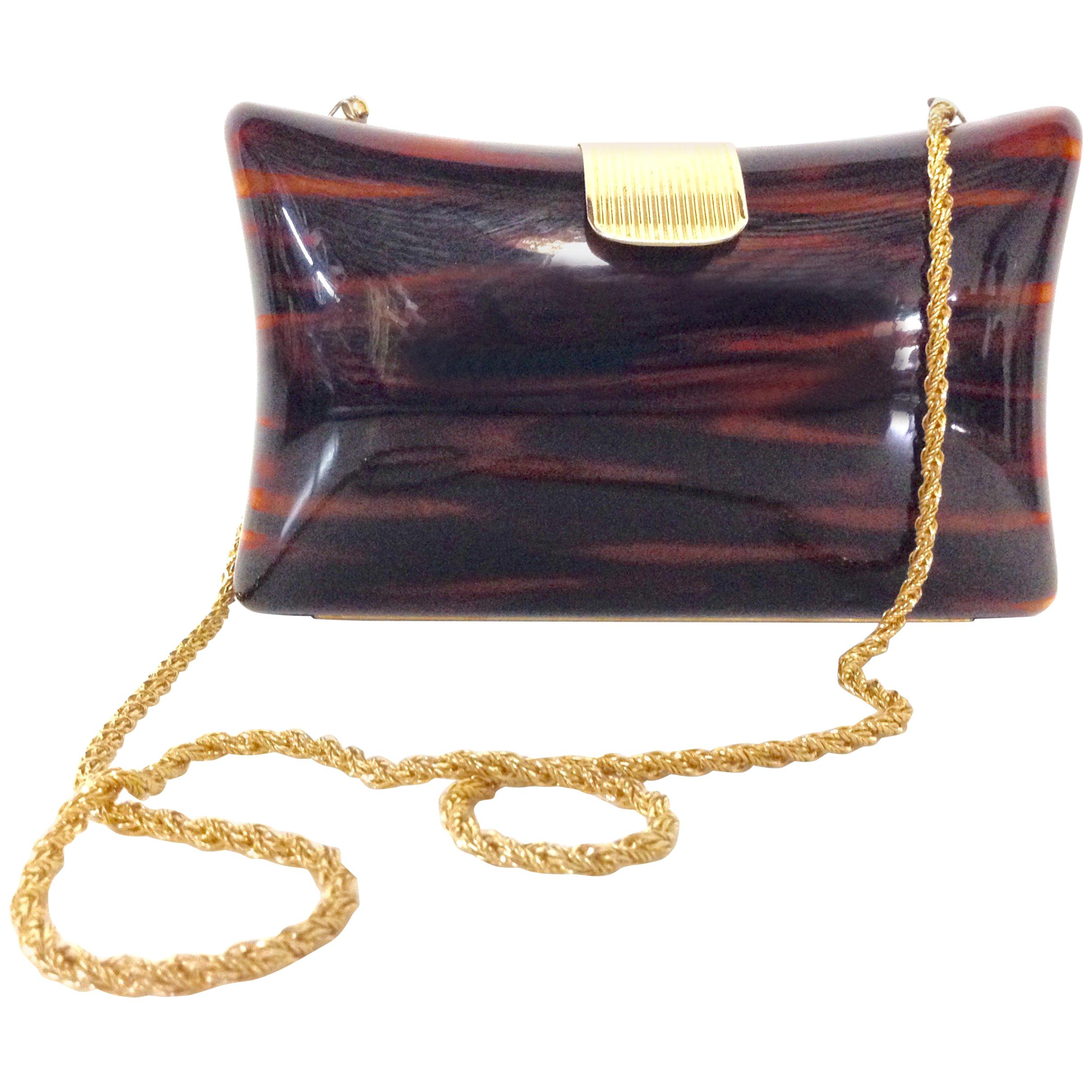 80'S Italian Lucite Faux Tortoise & Gilt Gold Handbag By, Jordan Marsh For Sale