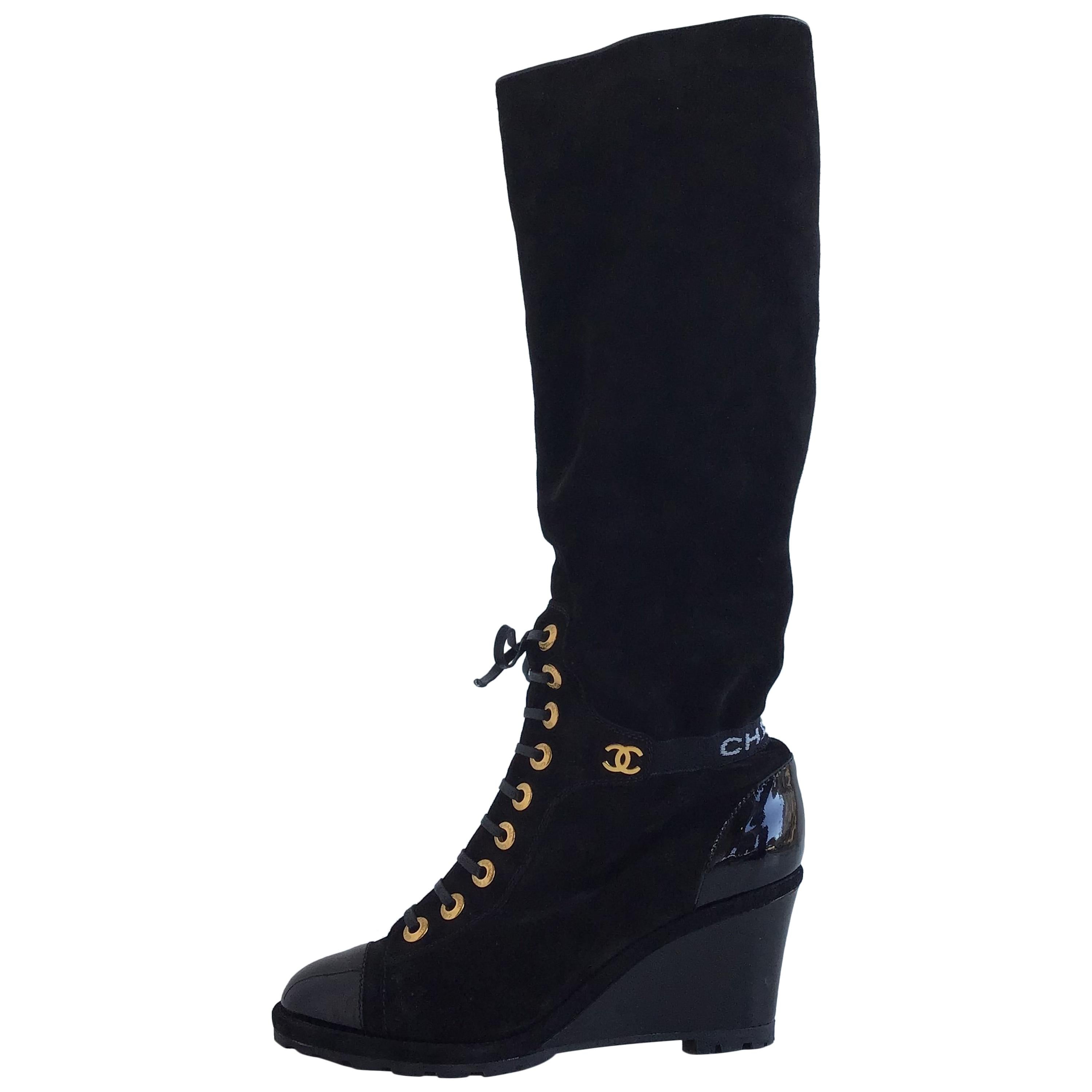 Chanel Black Suede and Patent Knee Boots, Gold Grommet Lacing, Wedge Heel, 10.5  For Sale