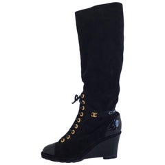 Chanel Black Suede and Patent Knee Boots, Gold Grommet Lacing, Wedge Heel, 10.5 