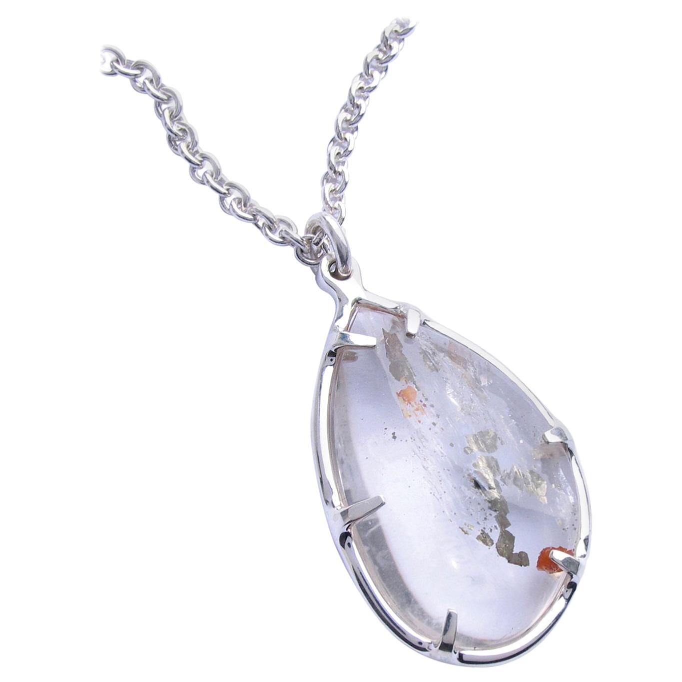 Large Pyrite Quartz Silver Pendant Necklace
