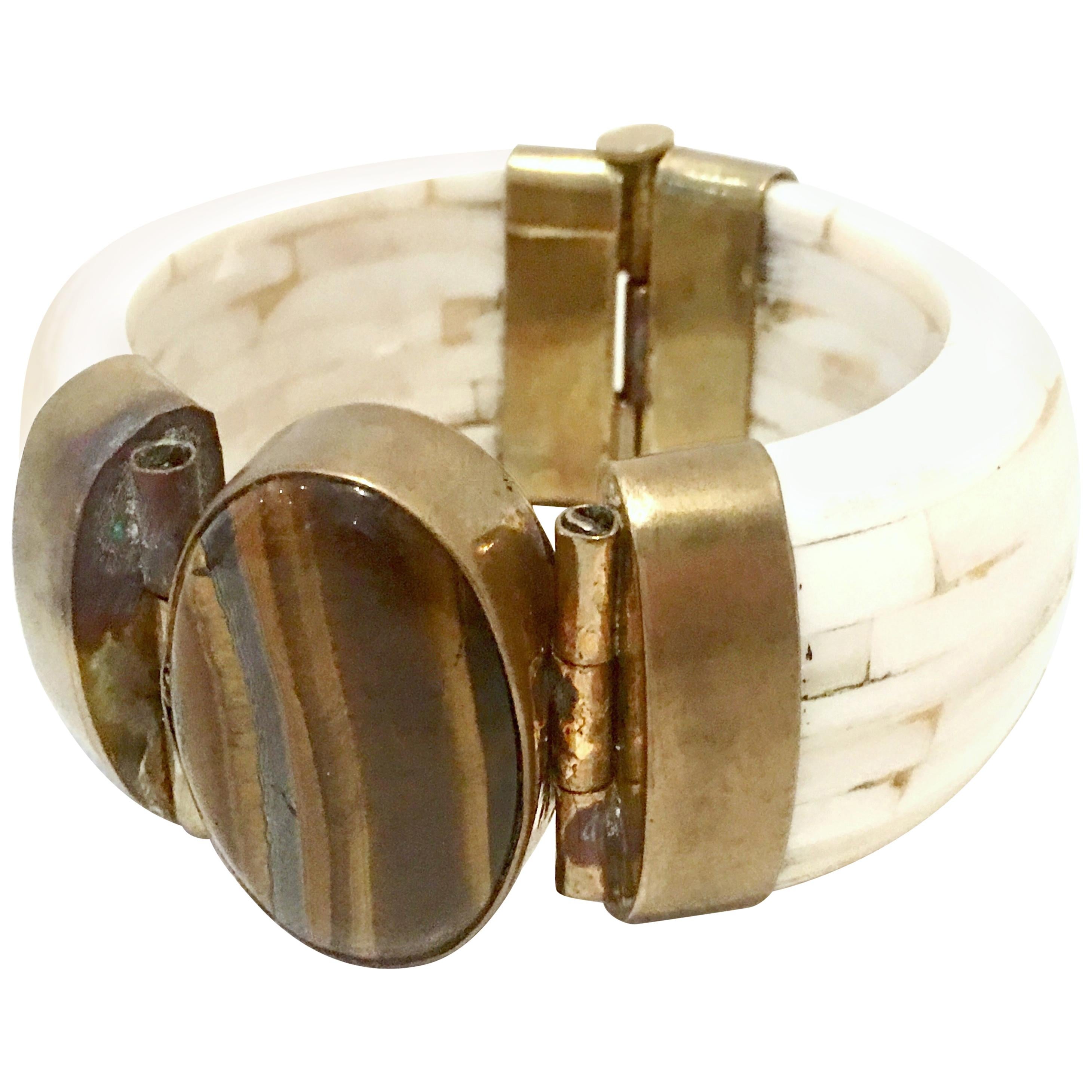 1970'S Gilt Brass Carved Bone & Tigers Eye Hinge Bangle Bracelet For Sale