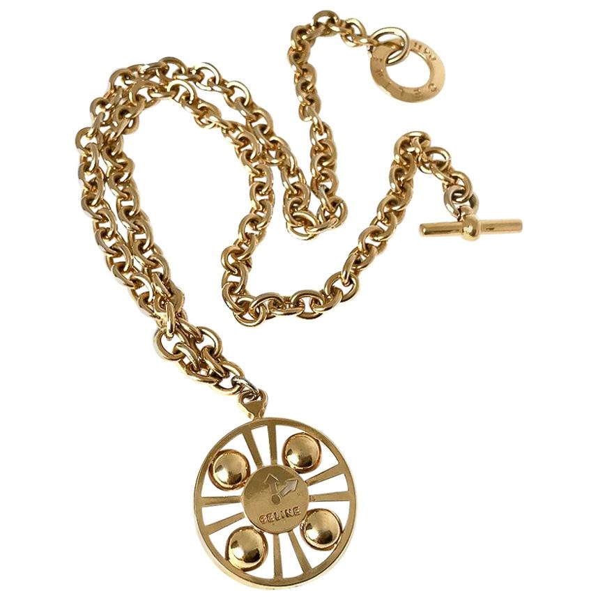 Celine 1990s Vintage Gold Plated Pendant Necklace and Belt For Sale