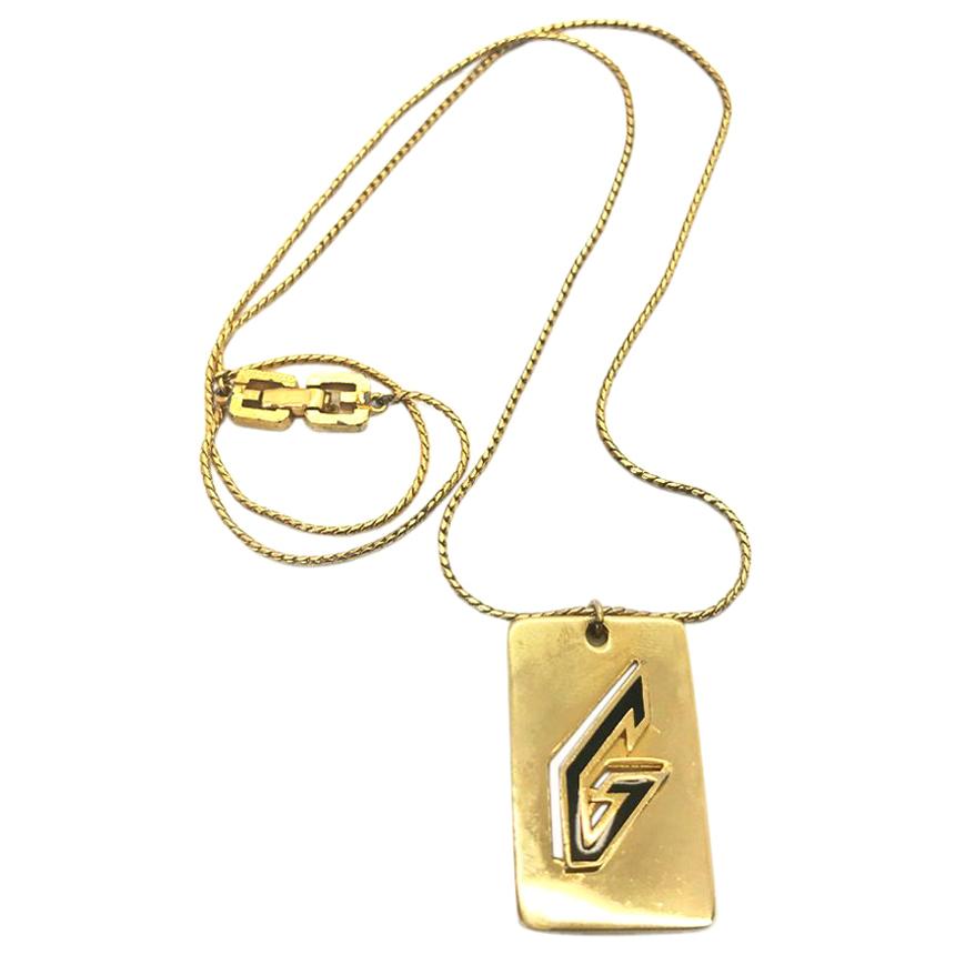 Givenchy 1970s Gold Plated G Logo Pendant Necklace  