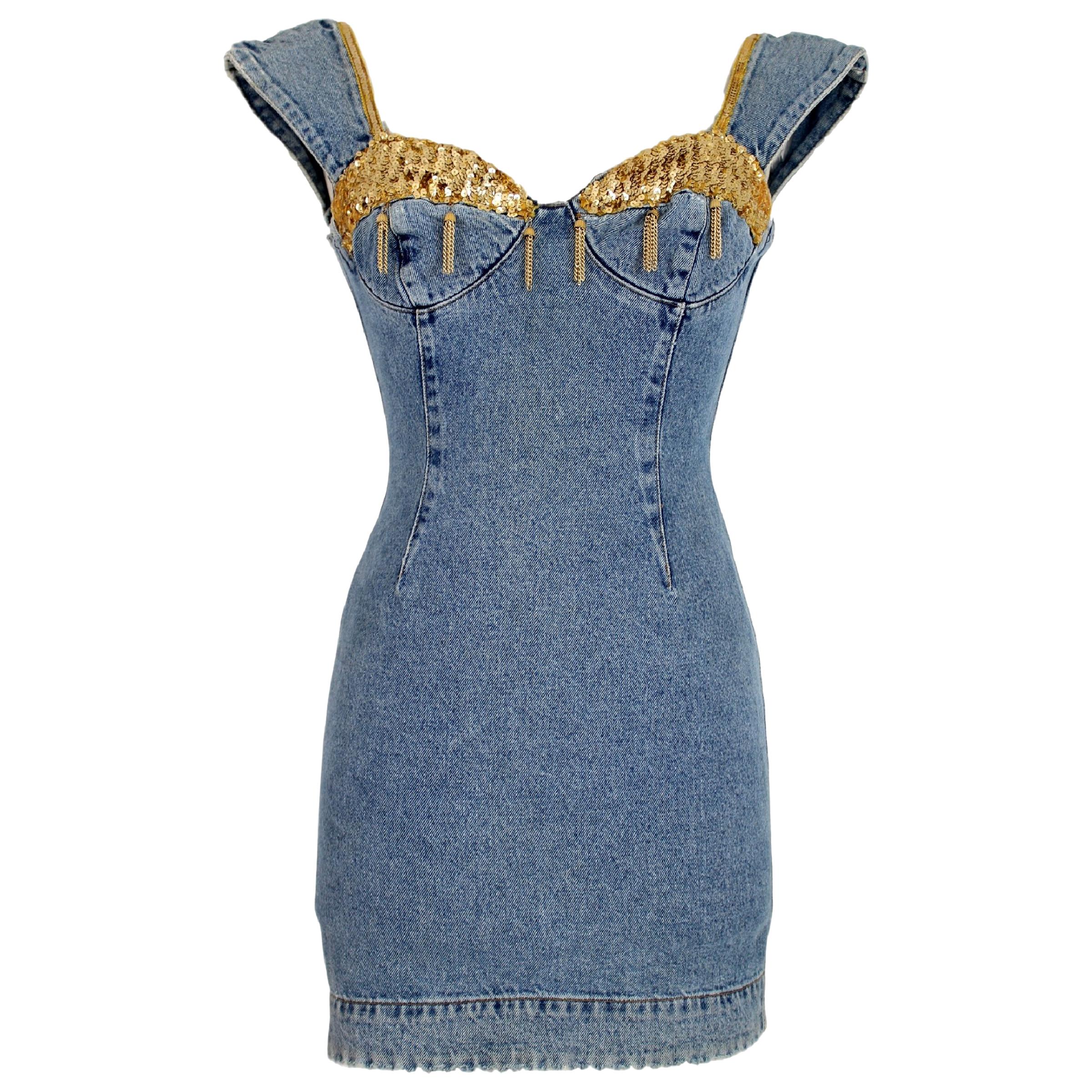 1990s Katharine Hamnett Blue Jeans Sequins Cotton Mini Dress 