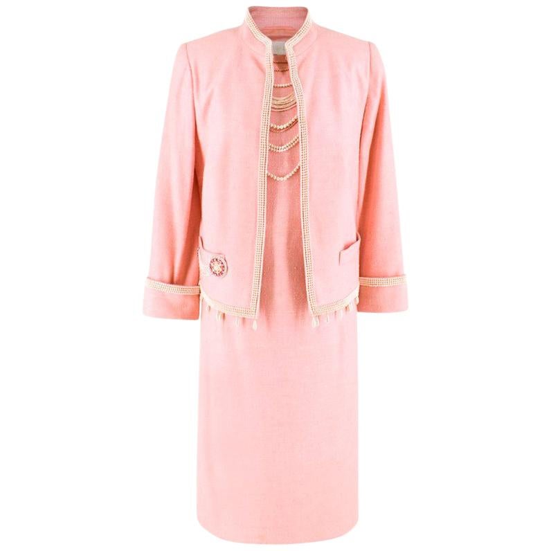 Escada Pink Tweed Faux Fur Embellished Dress & Jacket Suit US 6
