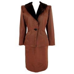 1980s Yves Saint Laurent Rive Gauce Brown Satin Velvet Skirt Suit Dress