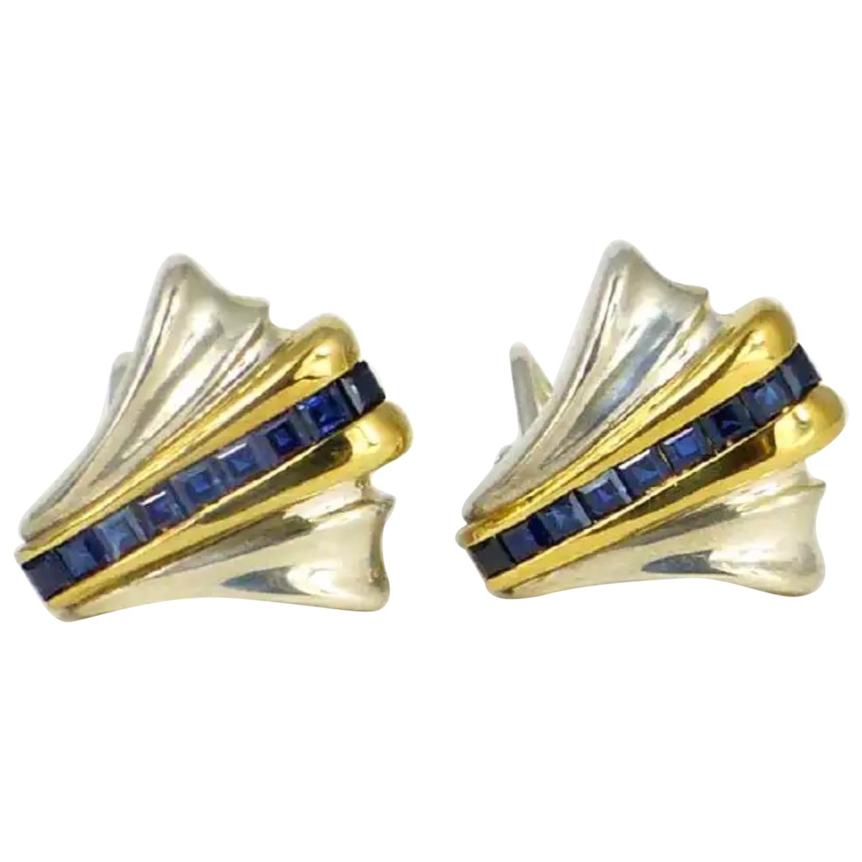 Tiffany 14 K Gold & Sterling Silver 18 Genuine Sapphire Earrings-Art Deco Style For Sale