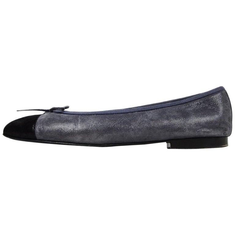 Chanel Suede and Patent Leather Cap-Toe Ballet Flats in Grey/Black — UFO No  More