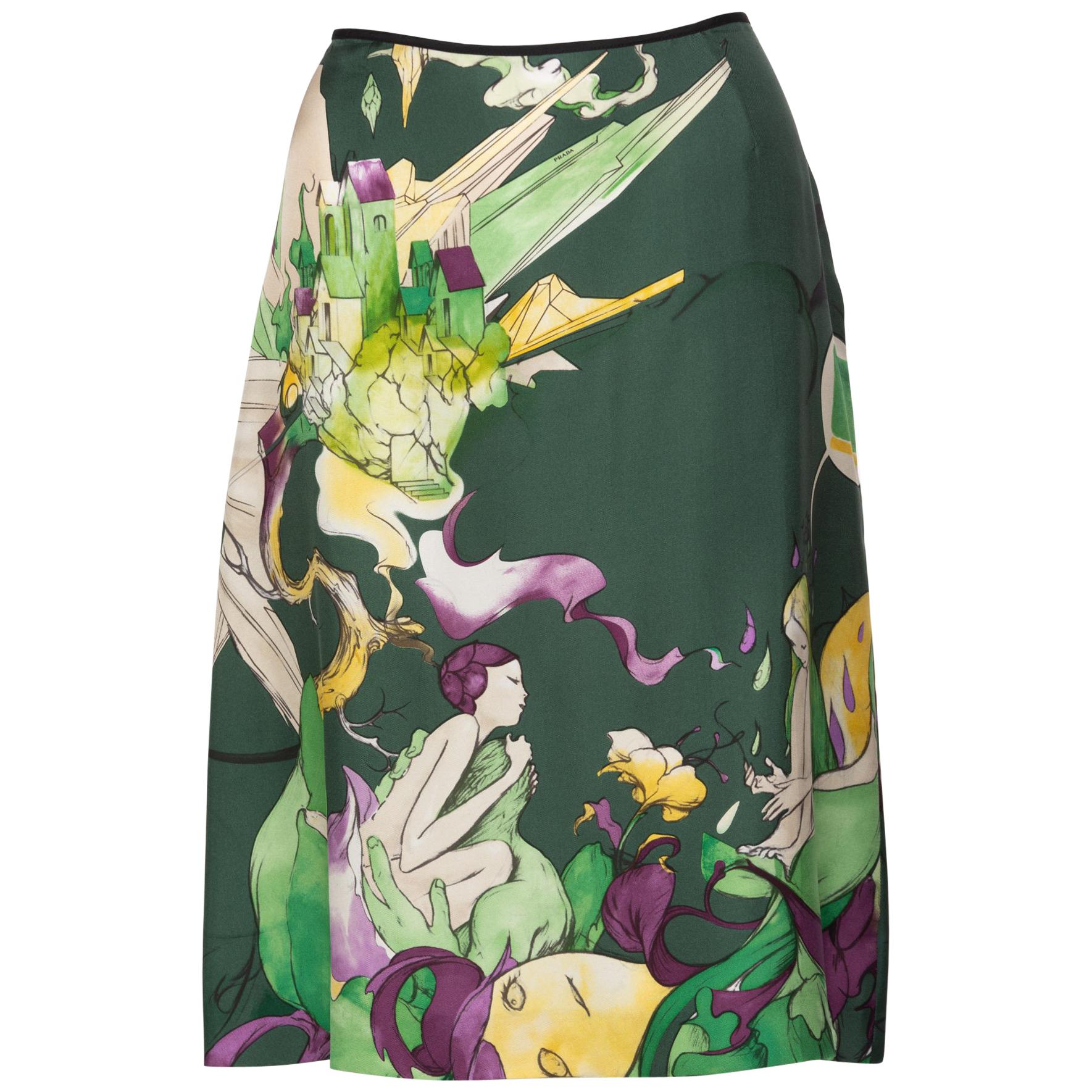 Prada Fairy James Jean Emerald Green Print Silk Skirt, 2008