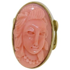 Vintage Mid-Century Carved Coral Cameo ring in 14k Gold-Plated Sterling 