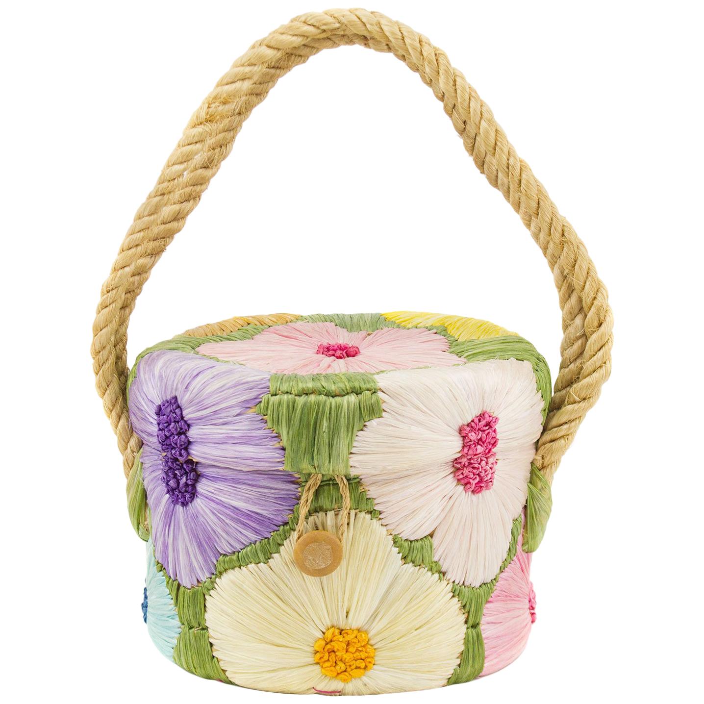 1960s Wicker and Raffia Flower Embroidered Bucket Bag 