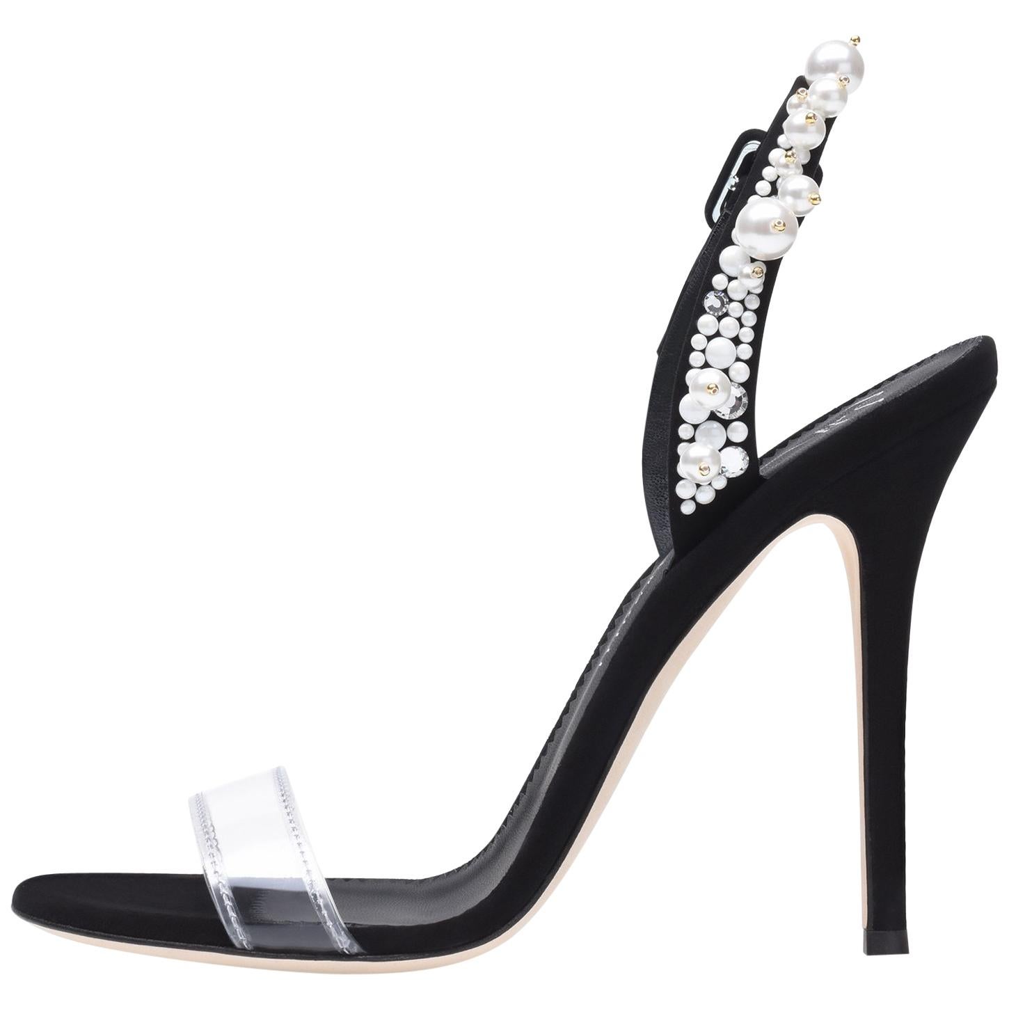 Giuseppe Zanotti NEW Black Suede PVC Pearl Crystal Evening Sandals Heels in Box