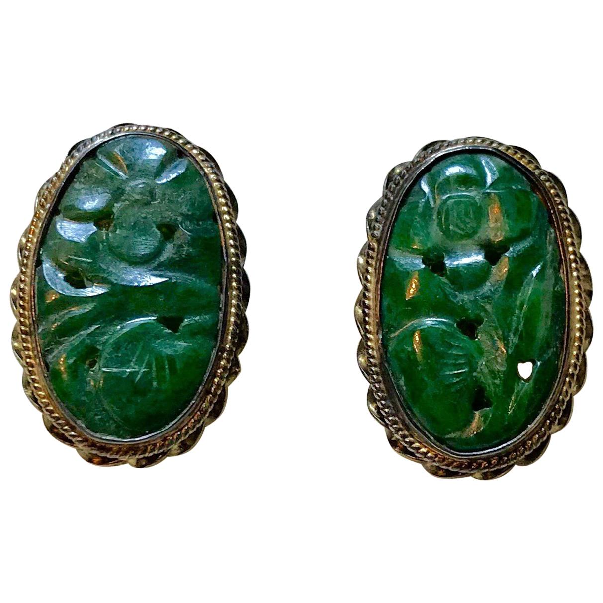 Circa 1940s Carved Jade, Sterling and 14k Clip-Back Earrings For Sale