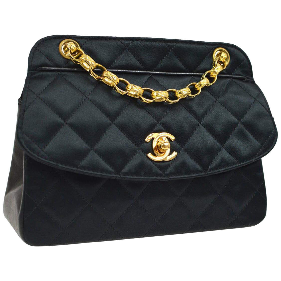 Chanel Black Leather Satin Gold Chain Small Mini Evening Shoulder Flap Bag