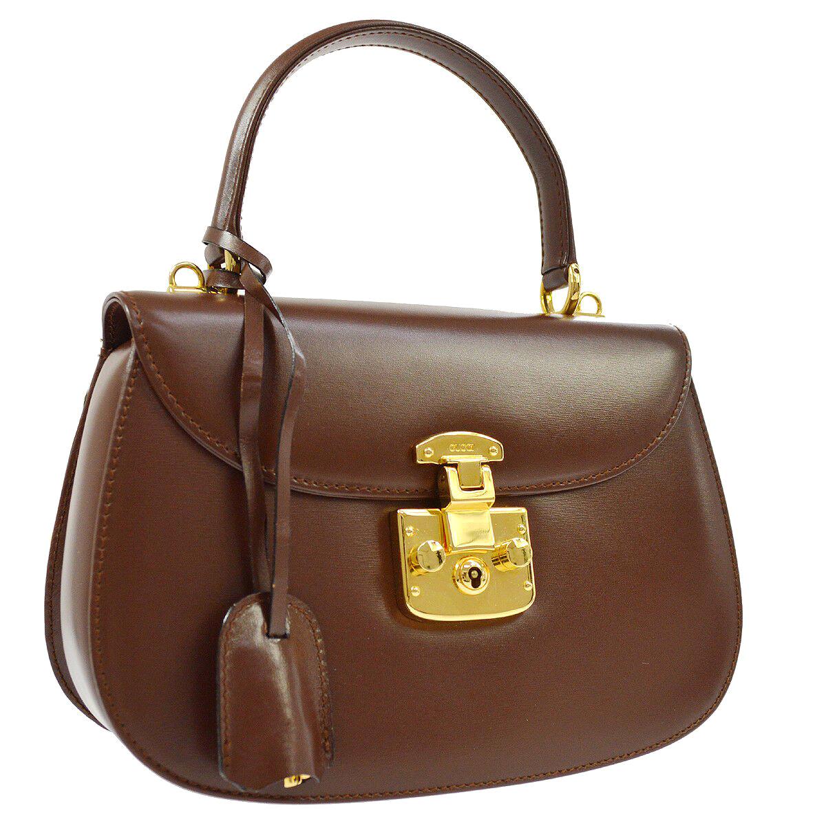 Gucci Chocolate Leather Gold Kelly Style Top Handle Satchel Flap Bag in Box