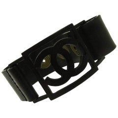 CHANEL Black Leather Logo Wide Snap Button Men's Women's Cuff Bracelet