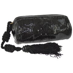 Retro Chanel Black Patent Leather Sequin Bead Mini Small Baguette Clutch Evening Bag