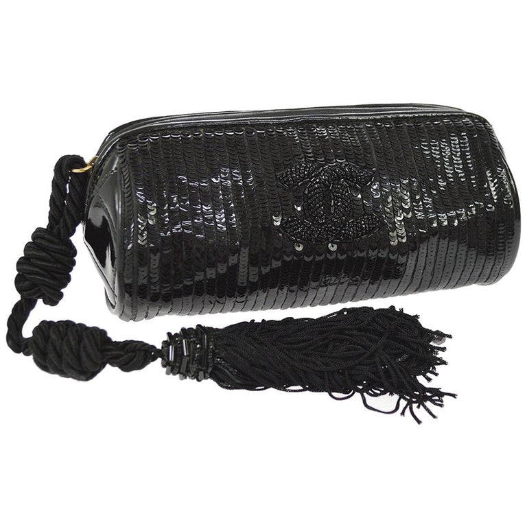 Chanel Black Patent Leather Sequin Bead Mini Small Baguette Clutch