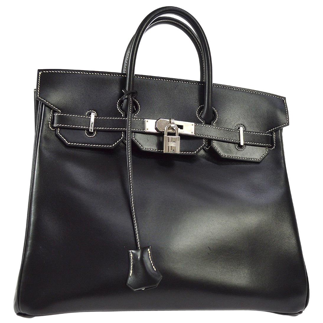 Hermes HAC 32 Black Leather Palladium Travel Top Handle Satchel Tote Bag