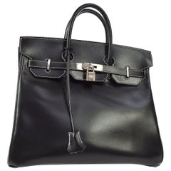 Vintage Hermes HAC 32 Black Leather Palladium Travel Top Handle Satchel Tote Bag