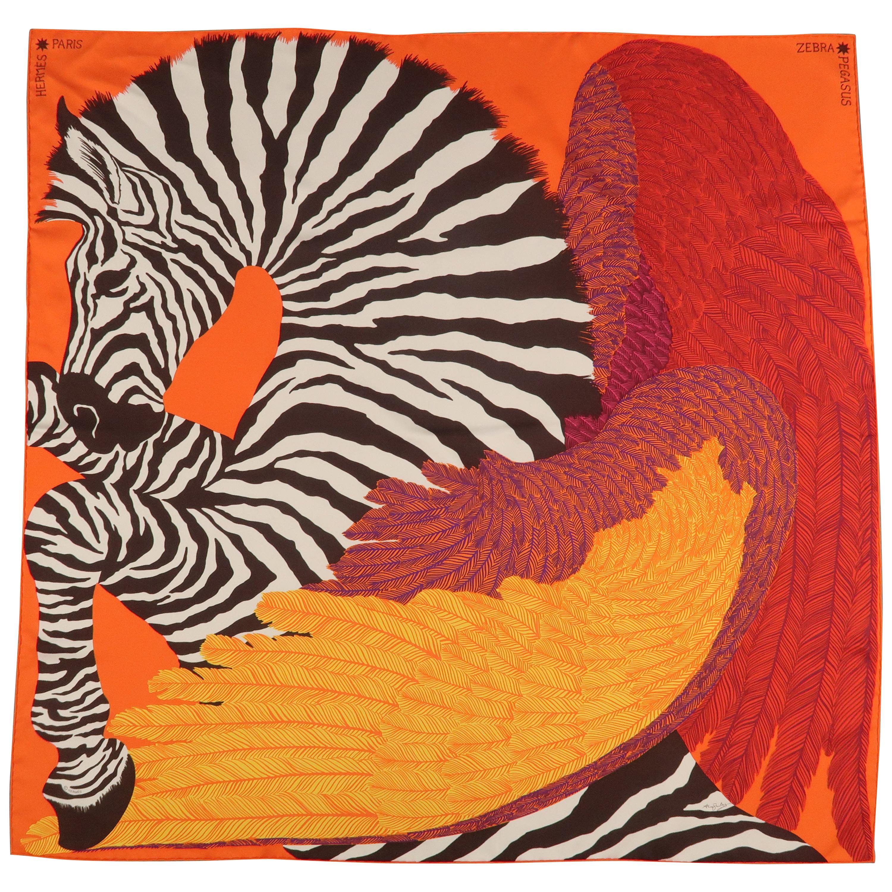 HERMES Orange Silk Zebra Pegasus Scarf