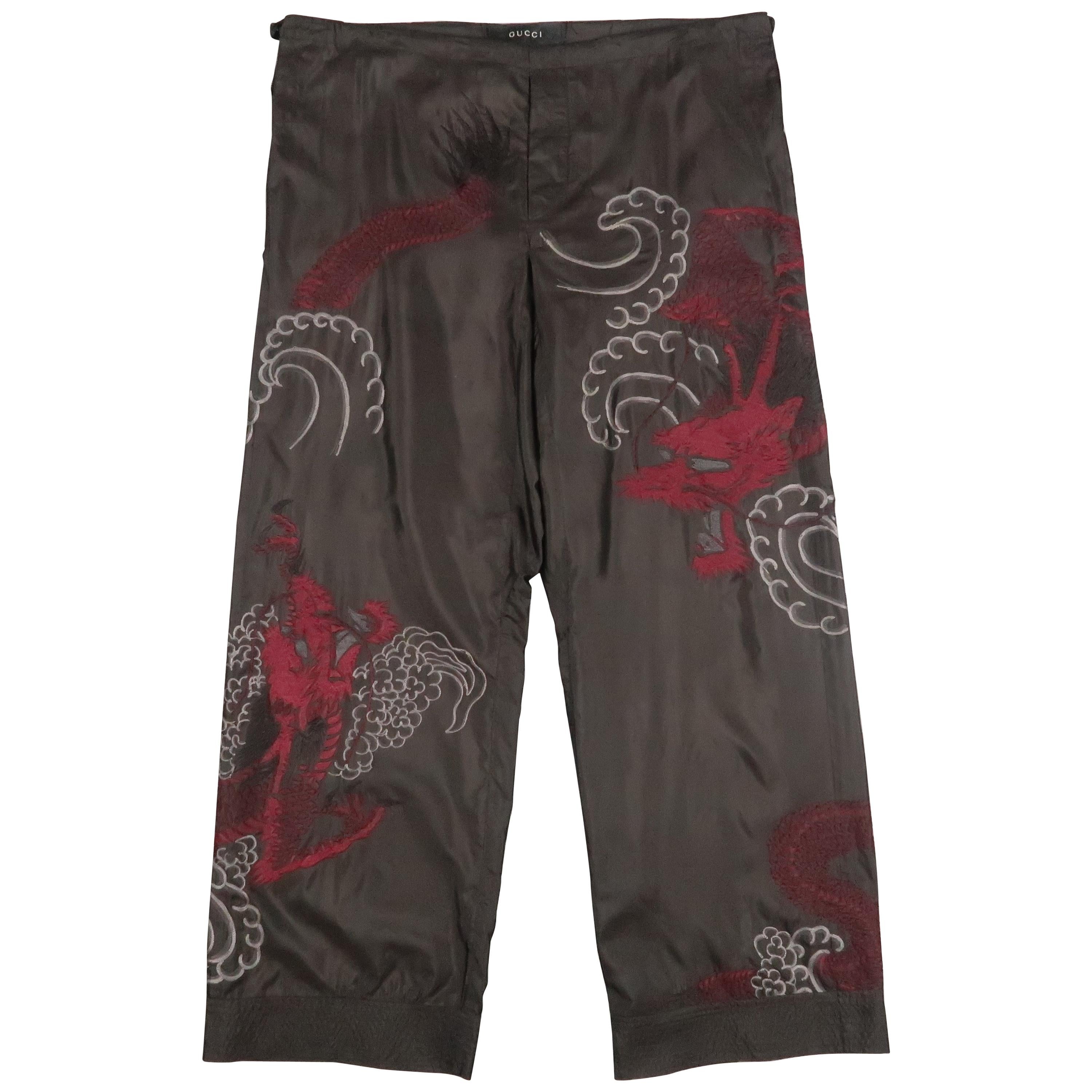GUCCI by TOM FORD 2001 L Black Dragon Embroidered Silk Wide Leg Karate Pants