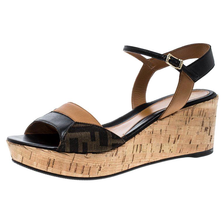 Fendi Brown/Black Zucca Canvas and Leather Wedge Sandals Size 38 For ...