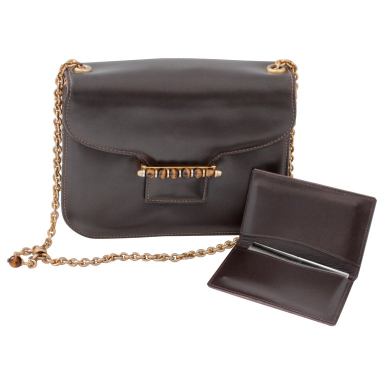 Gucci Brown Leather Shoulder Bag Tiger's Eye Clasp Gilt Chain + Mirror
