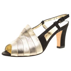 Salvatore Ferragamo Metallic Striped Leather Peep Toe Sandals Size 38.5