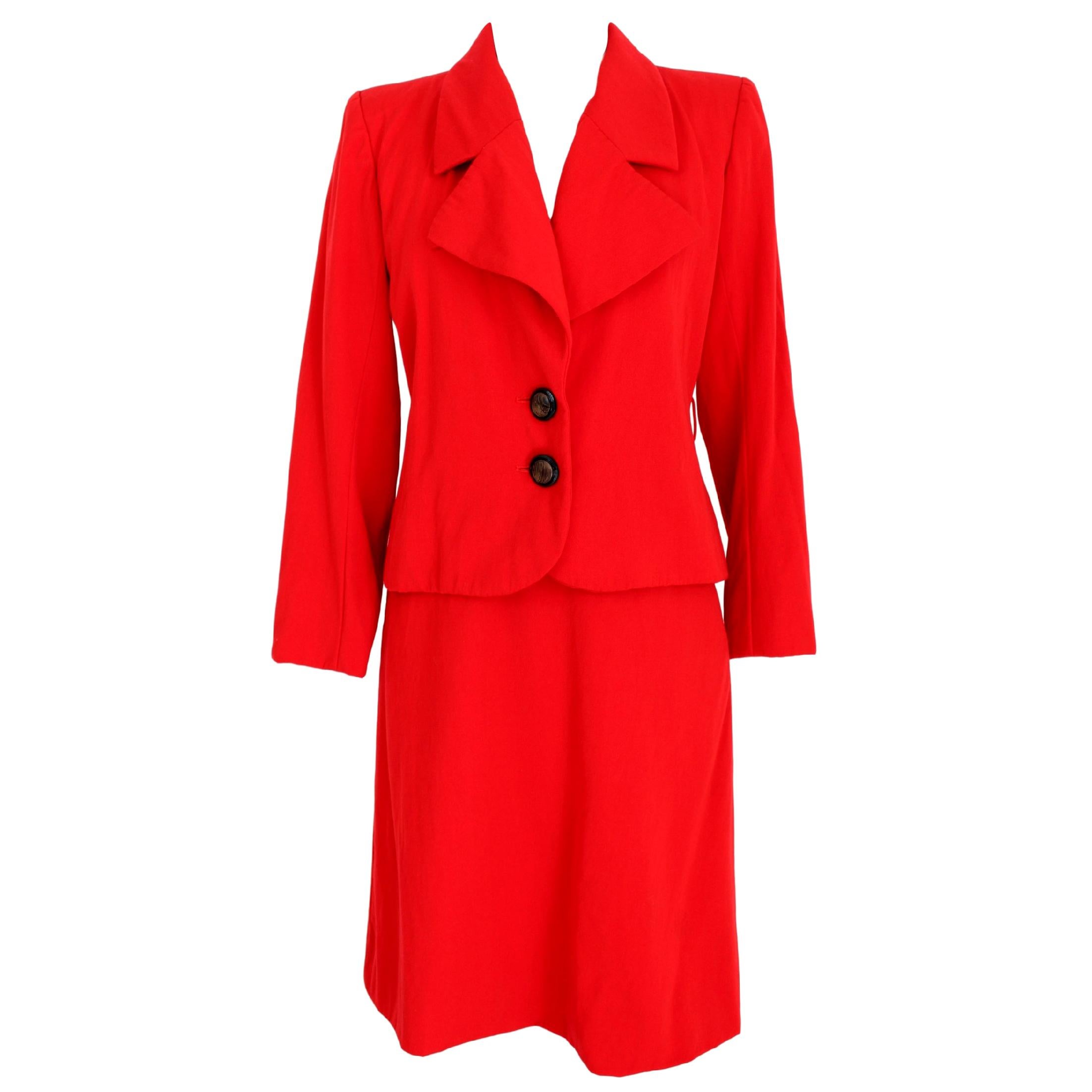 1990s Yves Saint Laurent Rive Gauce Red Wool Skirt Suit Formal Evening Dress