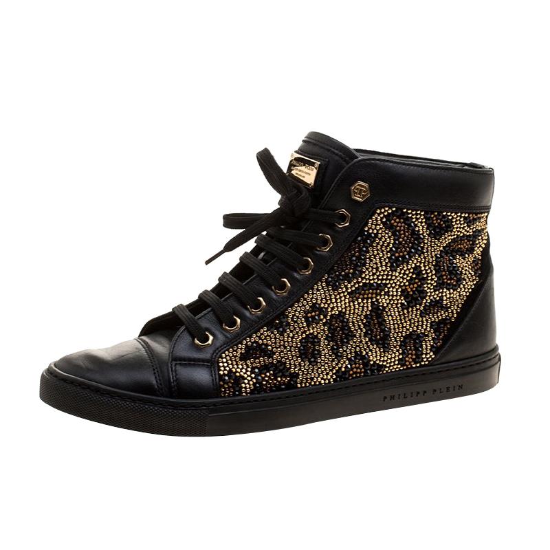 Philipp Plein Black Leather Crystal Studded High Top Sneakers Size 38 ...