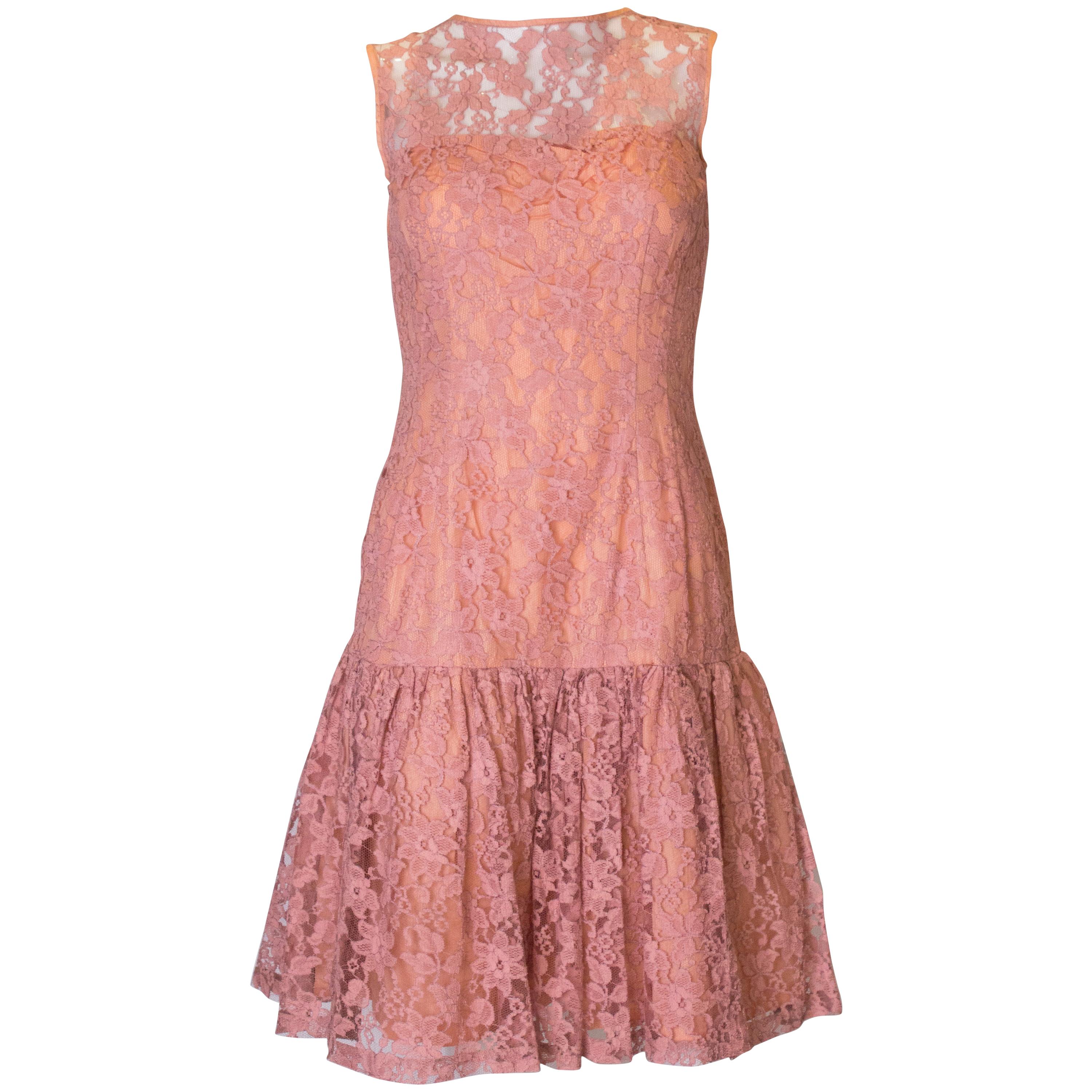 Vintage Dusty Pink Lace Cocktail Dress For Sale