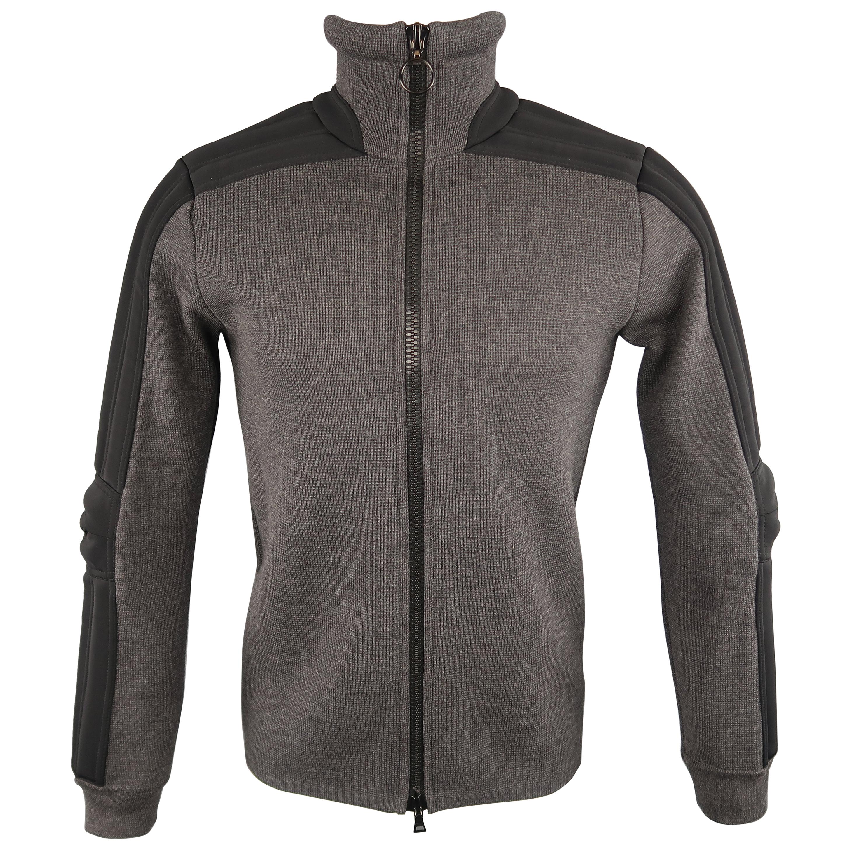 Men's PRADA S Gray Wool Knit High Collar Black Padded Moto Sleeve Jacket