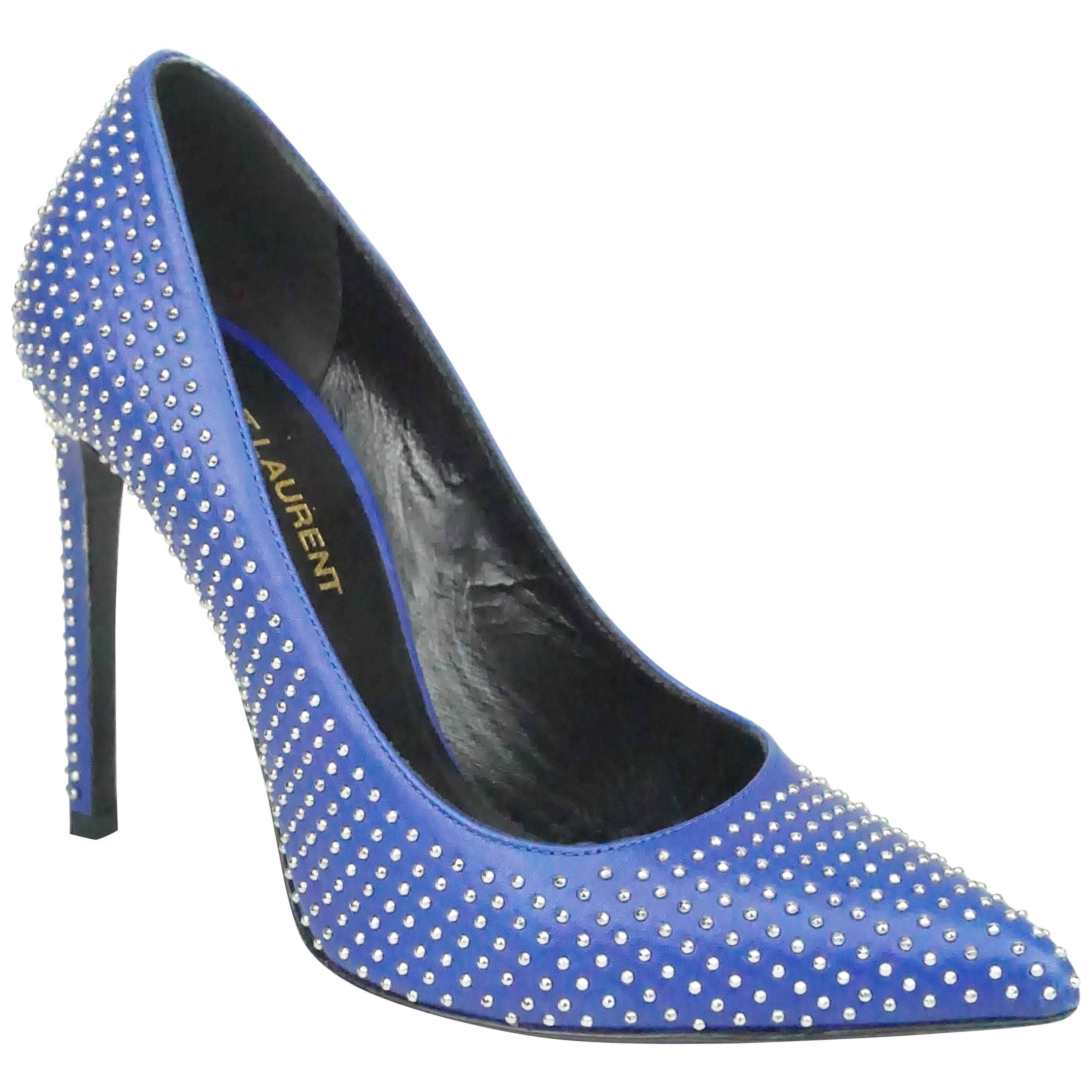 Saint Laurent Royal Blue Calfskin Micro Stud Pumps - 36