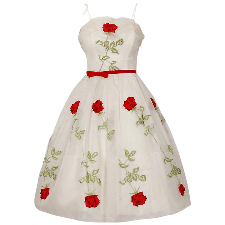 1950's Red-Roses Floral Embroidered Ivory Silk-Organza Full Skirt Party Dress 