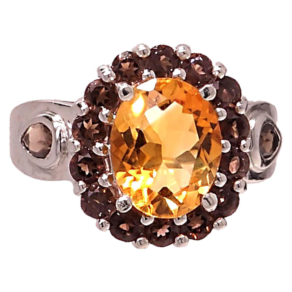 AJD Golden oval Citrine with Smoky Quartz halo in Sterling Silver Ring