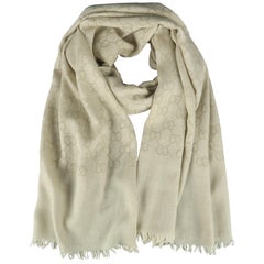 GUCCI Oatmeal Beige Wool / Silk Guccissima Monogram Scarf at