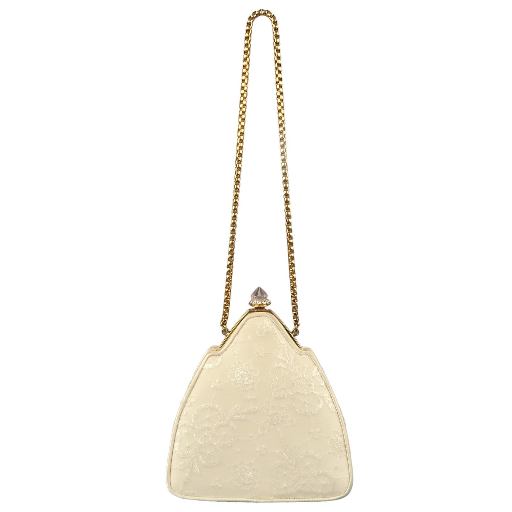 JUDITH LEIBER Cream Lace Textured Silk Crystal Gold Chain Evening Handbag