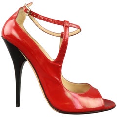 JIMMY CHOO Size 7 Red Patent Leather Peep Toe Ankle Straps Black Heel Pumps