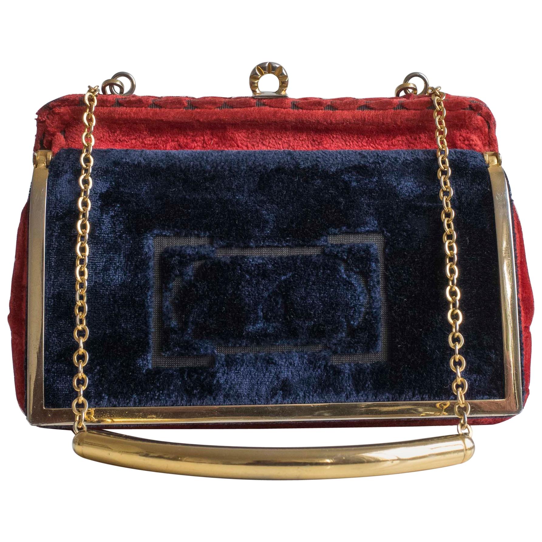 Cesare Piccini Vintage Blue and Red Velvet Handbag, Purse, 1960s For Sale