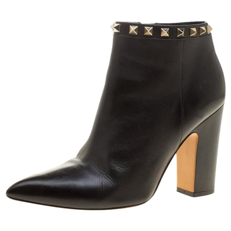 Valentino Black Leather Rockstud Pointed Toe Block Heel Ankle Boots ...