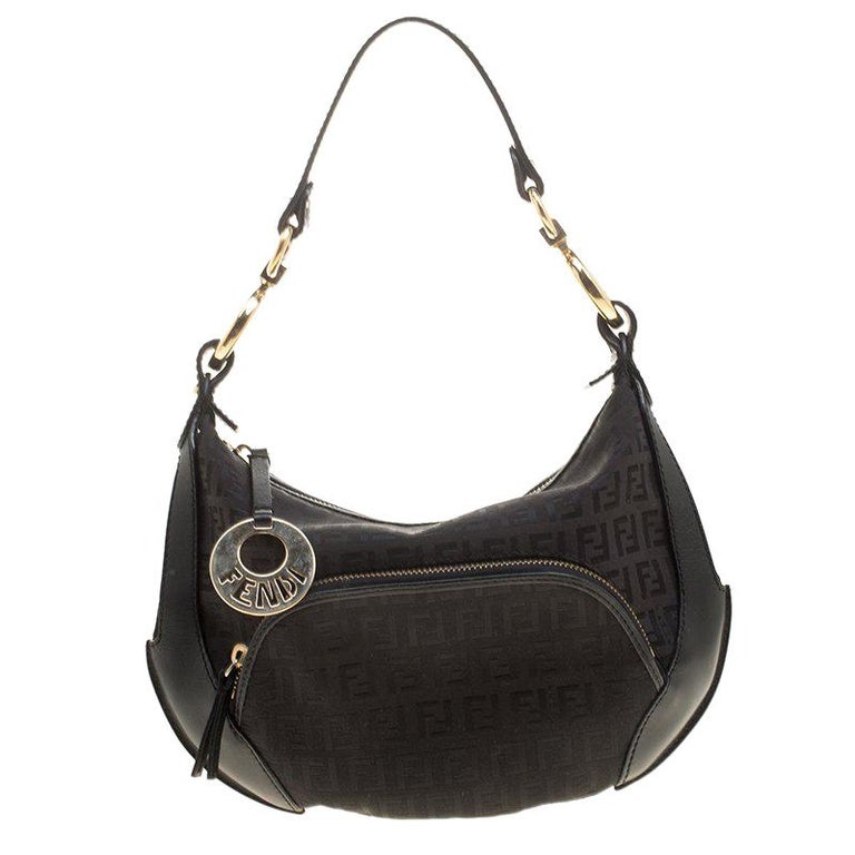 Fendi Black Zucchino Canvas Front Pocket Hobo For Sale at 1stDibs