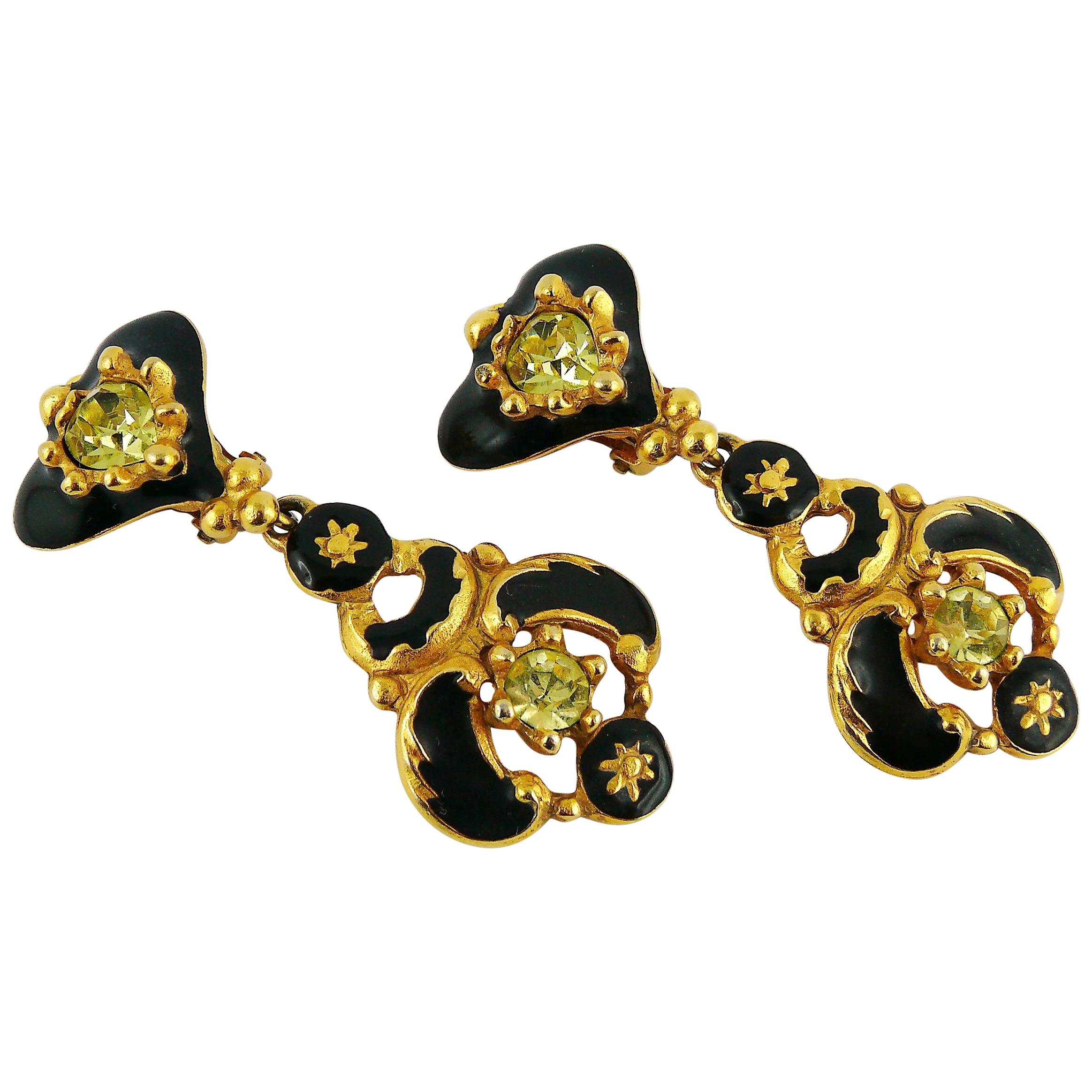 Christian Lacroix Vintage Jewelled Black Enamel Heart Baroque Dangling Earrings