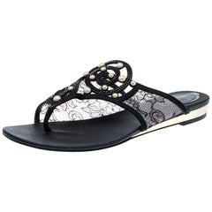 René Caovilla Black Embellished Lace and Satin Flat Sandals Size 38