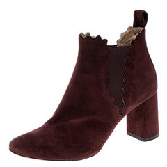 Used Chloe Burgundy Suede Lauren Block Heel Ankle Boots Size 38