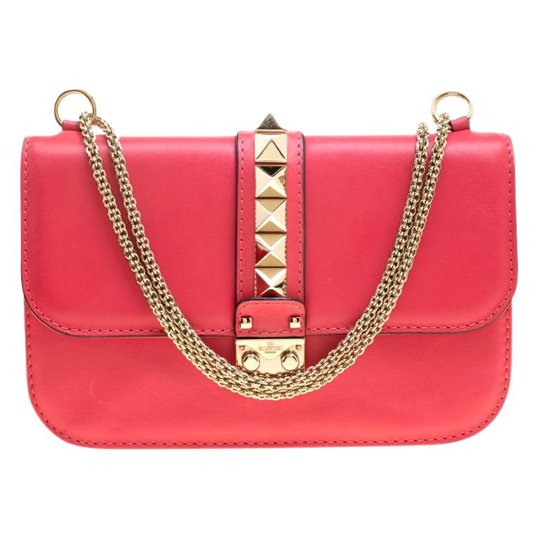 Valentino Hot Pink Leather Rockstud Medium Glam Lock Flap Bag For Sale