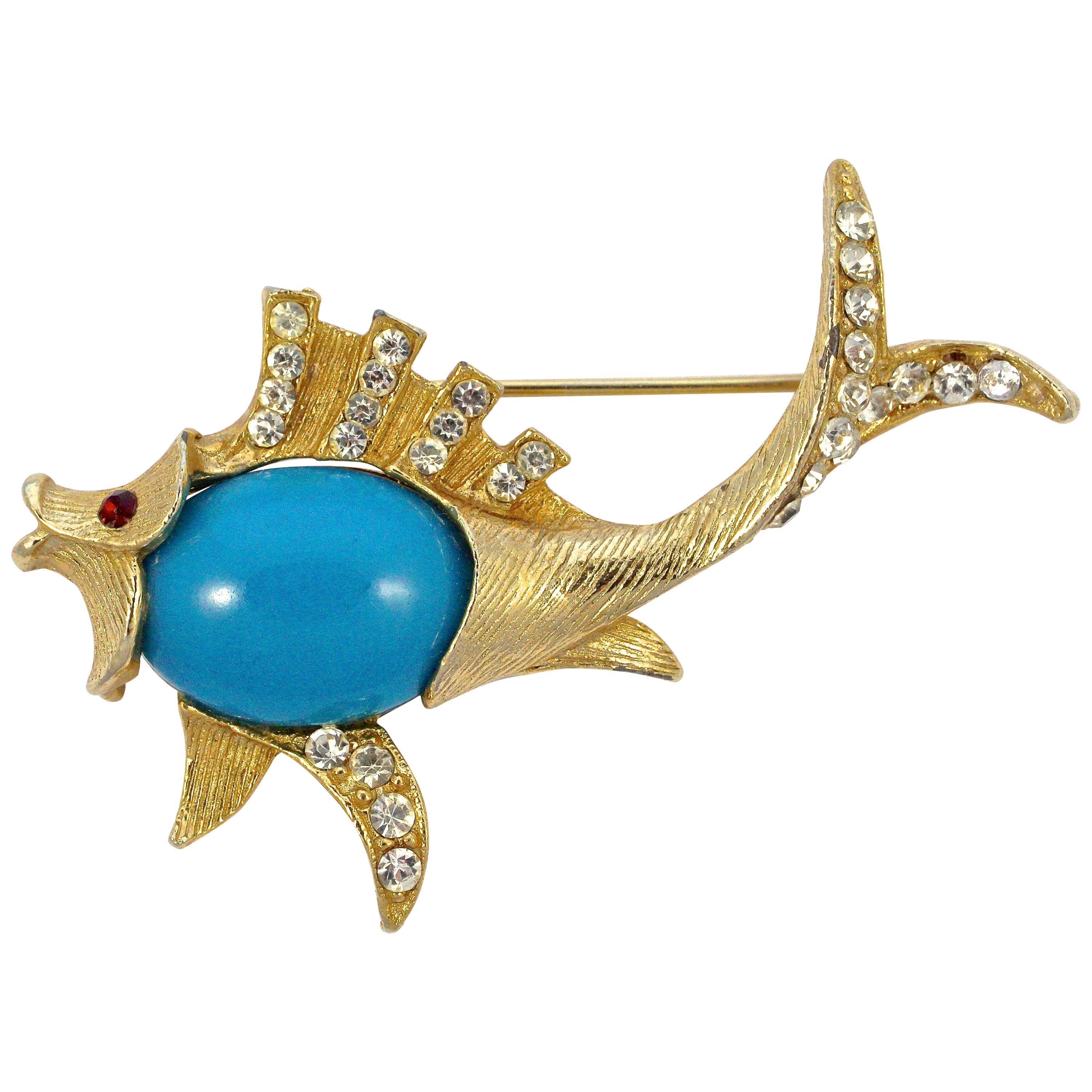 Gold Plated and Mid Blue Belly Fish Brooch with Clear and Red Rhinestones For Sale
