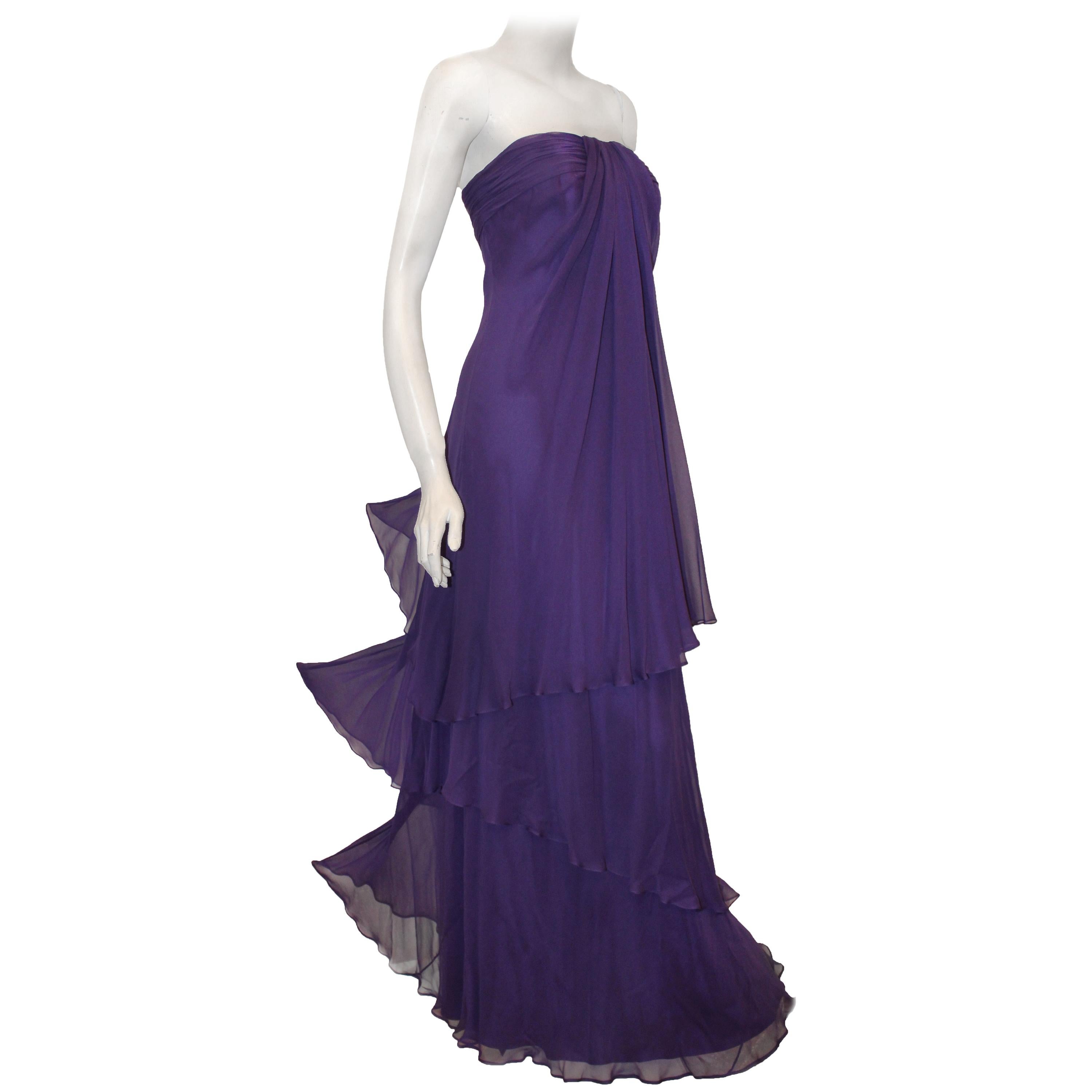 Pamela Roland Three Tier Purple Silk Strapless Gown For Sale