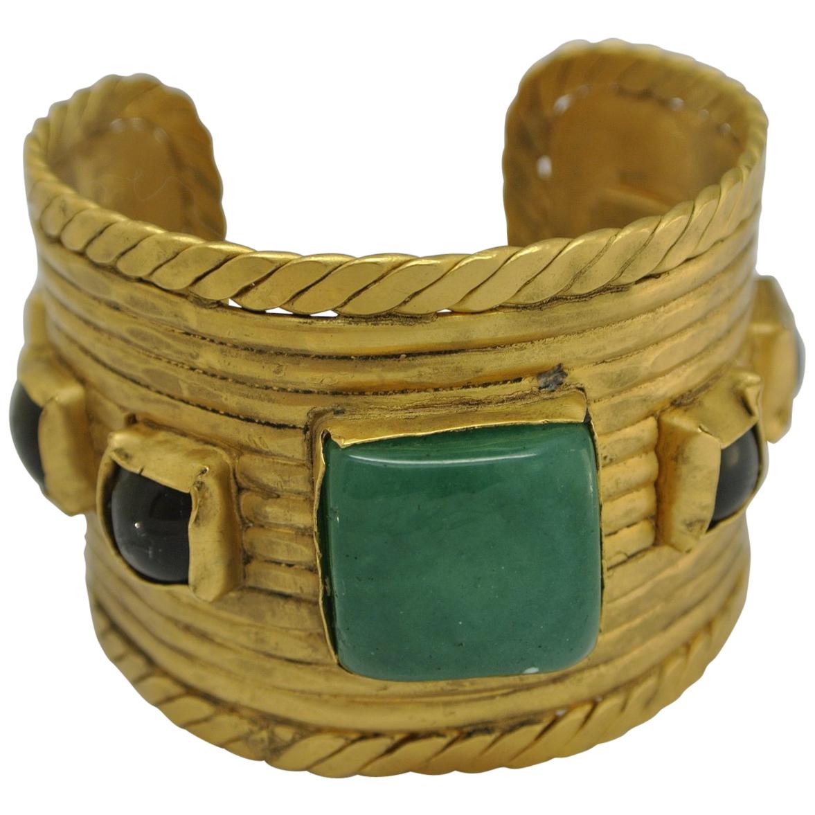Vintage Chanel green Gripoix Glass Byzantine Statement Bracelet Cuff For Sale