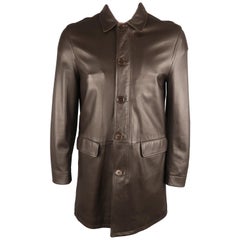 JOHN VARVATOS 38 Brown Solid Leather Zip & Buttons Coat